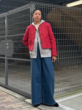 「アイテム（ノーカラージャケット、ピンク系）」を使った、飯田さん（レディース・163cm）の冬コーディネート