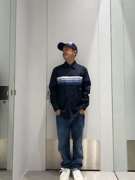 「ARMANI EXCHANGE（アルマーニエクスチェンジ）の【A|X アルマーニ エクスチェンジ】グログランテープディテール シャツ/REGULAR（シャツ/ブラウス、ブルー系）」を使った、TOI-Tさん（メンズ・170cm）の夏コーディネート