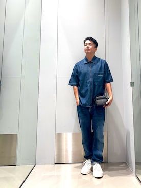 「ARMANI EXCHANGE（アルマーニエクスチェンジ）の【A|X アルマーニ エクスチェンジ】ダークブルーウォッシュ スリムフィット デニムパンツ_J14 SLIM（デニムパンツ、ブルー系）」を使った、TOI-Tさん（メンズ・170cm）の夏コーディネート