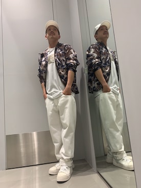 「ARMANI EXCHANGE（アルマーニエクスチェンジ）の【A|Xアルマーニ エクスチェンジ】A|Xロゴ　パネルキャップ（キャップ、ホワイト系）」を使った、TOI-Tさん（メンズ・170cm）の夏コーディネート