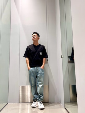 「ARMANI EXCHANGE（アルマーニエクスチェンジ）の【A|X アルマーニ エクスチェンジ】トレイルインスパイア クイックレース スニーカー（スニーカー、ホワイト系）」を使った、TOI-Tさん（メンズ・170cm）の秋コーディネート