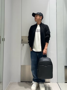 「ARMANI EXCHANGE（アルマーニエクスチェンジ）の【A|X アルマーニ エクスチェンジ】レースアップスニーカー（スニーカー、ホワイト系）」を使った、TOI-Tさん（メンズ・170cm）の夏コーディネート