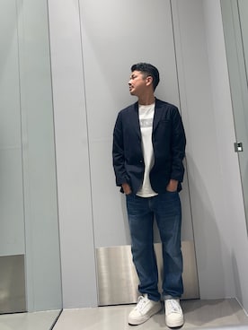 「ARMANI EXCHANGE（アルマーニエクスチェンジ）の【A|X アルマーニ エクスチェンジ】WE コットンツイル シングルブレストジャケット（テーラードジャケット、ブルー系）」を使った、TOI-Tさん（メンズ・170cm）の夏コーディネート