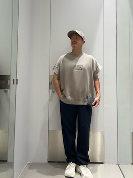 「ARMANI EXCHANGE（アルマーニエクスチェンジ）の【A|X アルマーニ エクスチェンジ】ICON パネルキャップ（キャップ、ベージュ系）」を使った、TOI-Tさん（メンズ・170cm）の夏コーディネート