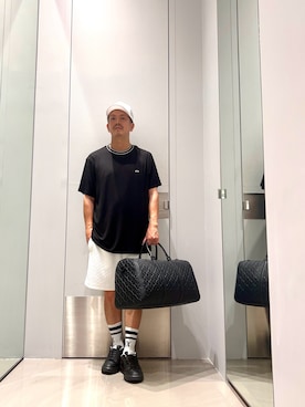「ARMANI EXCHANGE（アルマーニエクスチェンジ）の【A|X アルマーニ エクスチェンジ】AXロゴ レースアップスニーカー（スニーカー、ブラック系）」を使った、TOI-Tさん（メンズ・170cm）の夏コーディネート