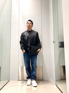 「ARMANI EXCHANGE（アルマーニエクスチェンジ）の【A|X アルマーニ エクスチェンジ】レースアップスニーカー（スニーカー、ホワイト系）」を使った、TOI-Tさん（メンズ・170cm）の夏コーディネート