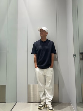 「ARMANI EXCHANGE（アルマーニエクスチェンジ）の【A|Xアルマーニ エクスチェンジ】ビッグラバーAXロゴ　パネルキャップ（キャップ、ホワイト系）」を使った、TOI-Tさん（メンズ・170cm）の夏コーディネート