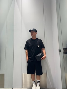 「ARMANI EXCHANGE（アルマーニエクスチェンジ）の【A|X アルマーニ エクスチェンジ】ICON パネルキャップ（キャップ、ブラック系）」を使った、TOI-Tさん（メンズ・170cm）の夏コーディネート