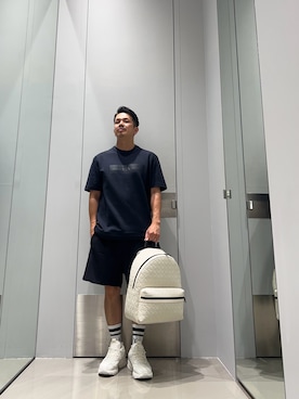 「ARMANI EXCHANGE（アルマーニエクスチェンジ）の【A|X アルマーニ エクスチェンジ】メッシュコンビ レースアップスニーカー（スニーカー、ホワイト系）」を使った、TOI-Tさん（メンズ・170cm）の夏コーディネート