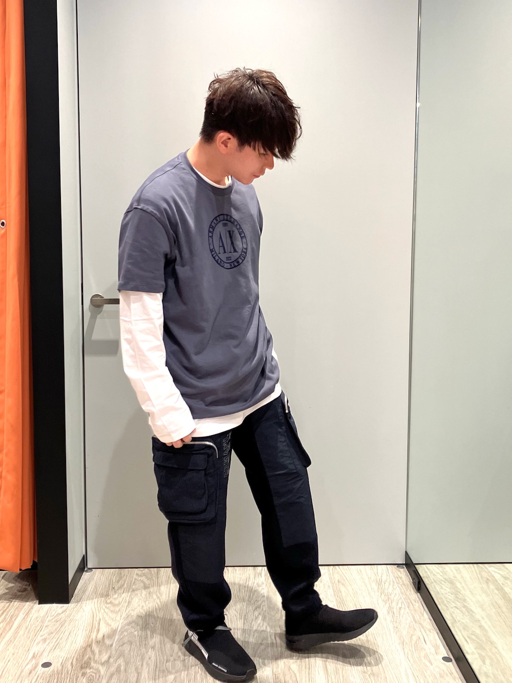 「アルマーニエクスチェンジ、AXchanger、AXchange、ストリートコーデ、カジュアルコーデ、スニーカーコーデ、ラフコーデ、休日コーデ、ストリート、オーバーサイズ、レイヤードスタイル、シンプル、ビッグT、ロンT、ららぽーと名古屋」｜「ARMANI EXCHANGEの【A|X アルマーニ エクスチェンジ】AXロゴ　半袖クルーネックTシャツ/COMFORT（Tシャツ/カットソー、グレー系）」を使った、SHIKAIさん（メンズ・171cm）の夏コーディネートの1枚目の写真
