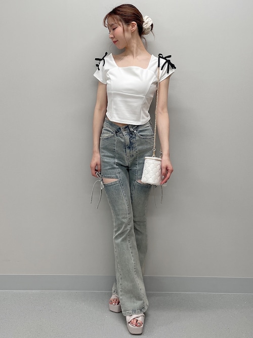 tシャツ スクエアカットショルダーリボントップス レディース RESEXXY tシャツ スクエアカットショルダーリボントップス