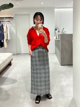「LOUNGEDRESS（ラウンジドレス）のチェックリネンマキシスカート（スカート、ブラック系）」を使った、yumiii85さん（レディース・161cm）の春コーディネート