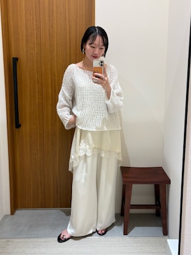「LOUNGEDRESS（ラウンジドレス）の《好評につき再登場/洗える》【earthy_/アーシー】シアーハンドライクニット（ニット/セーター、ホワイト系）」を使った、yumiii85さん（レディース・161cm）の夏コーディネート