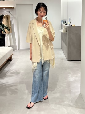 「LOUNGEDRESS（ラウンジドレス）のハーフスリーブジャケット（その他アウター、ベージュ系）」を使った、yumiii85さん（レディース・161cm）の夏コーディネート
