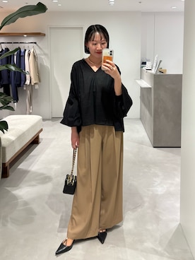 「LOUNGEDRESS（ラウンジドレス）の【INDIA】スキッパーレースブラウス（シャツ/ブラウス、ブラック系）」を使った、yumiii85さん（レディース・161cm）の春コーディネート