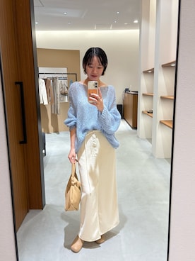 「LOUNGEDRESS（ラウンジドレス）の《好評につき再登場/洗える》【earthy_/アーシー】シアーハンドライクニット（ニット/セーター、ブルー系）」を使った、yumiii85さん（レディース・161cm）の夏コーディネート