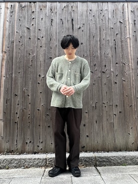 「STEAF（スティーフ）のRANCH KNIT CARDIGAN（カーディガン/ボレロ、グリーン系）」を使った、Taisei  Yamazakiさん（メンズ・164cm）の春コーディネート