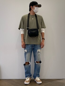 「WHITELAND（ホワイトランド）のWHITELAND/ホワイトランド/タグTシャツ/TAG TEE（Tシャツ/カットソー）」を使った、タグチ　ユータさん（メンズ・187cm）の夏コーディネート