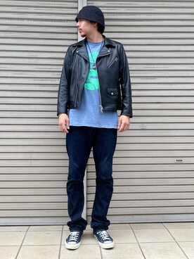 「DANKE SCHON（ダンケシェーン）のアイテム（ライダースジャケット）」を使った、タグチ　ユータさん（メンズ・187cm）の秋コーディネート