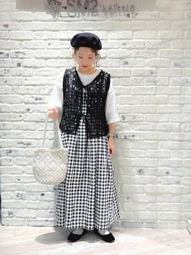 「Samansa Mos2（サマンサ モスモス）のモチーフレースベスト（ベスト）」を使った、こうのりなさん（レディース・154cm）の夏コーディネート