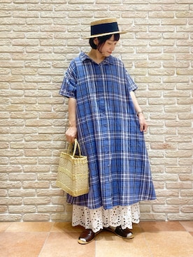 「スカラップ」｜「アイテム（シャツワンピース）」を使った、む ら ま つさん（レディース・148cm）の夏コーディネート