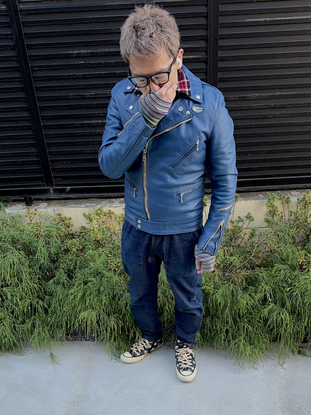 「冬コーデ、マイベストコーデ2024、最近のいい感じコーデ、おしゃれさんと繋がりたい」｜「Lewis Leathersのアイテム（ライダースジャケット、ブルー系）」を使った、nabapeさん（メンズ・166cm）の冬コーディネートの1枚目の写真