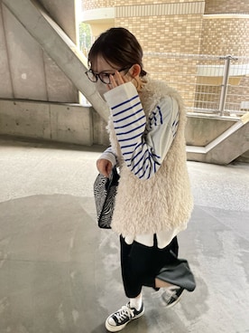 「mystic（ミスティック）のバスクボーダープルオーバー（Tシャツ/カットソー、ブルー系）」を使った、ｷ ｷ ｽ ｹさん（レディース・155cm）の冬コーディネート