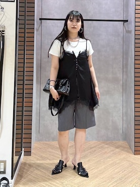 「PAGEBOY（ページボーイ）のハトメミュールサンダル（サンダル、ブラック系）」を使った、myuさん（レディース・158cm）の夏コーディネート