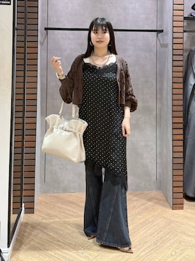 「PAGEBOY（ページボーイ）のレース×ドットキャミワンピース（チュニック、ブラック系）」を使った、myuさん（レディース・158cm）の夏コーディネート