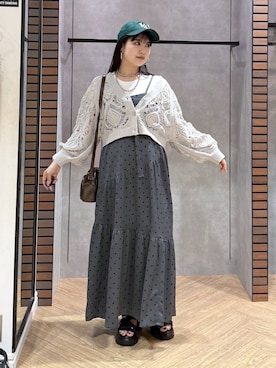 「PAGEBOY（ページボーイ）のスカシリーフニットボレロ 【一部カラーWEB限定/新色追加】（カーディガン/ボレロ、ベージュ系）」を使った、myuさん（レディース・158cm）の夏コーディネート