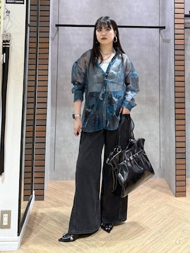 「PAGEBOY（ページボーイ）の＜まるでデニム見え！/紫外線カット/接触冷感/ストレッチ＞マルデニメガレッグパンツ（デニムパンツ、ブラック系）」を使った、myuさん（レディース・158cm）の夏コーディネート