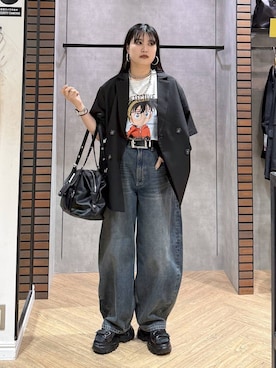 「PAGEBOY（ページボーイ）のモードバックルベルト3（ベルト、ブラック系）」を使った、myuさん（レディース・158cm）の春コーディネート