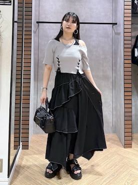 「PAGEBOY（ページボーイ）の【2WAY仕様】スタッズミニボストンバッグ（ショルダーバッグ、ブラック系）」を使った、myuさん（レディース・158cm）の夏コーディネート