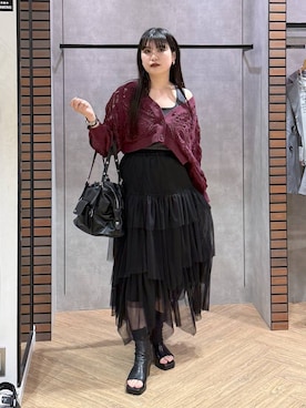 「PAGEBOY（ページボーイ）のスカシリーフニットボレロ 【一部カラーWEB限定】（カーディガン/ボレロ、パープル系）」を使った、myuさん（レディース・158cm）の春コーディネート
