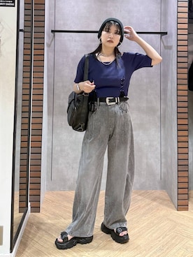 「PAGEBOY（ページボーイ）の【マシンウォッシャブル/前後2WAY】レースアップリブ×タンクSET（Tシャツ/カットソー、ブルー系）」を使った、myuさん（レディース・158cm）の夏コーディネート