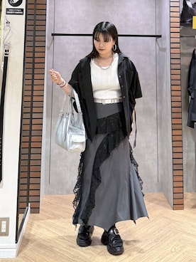 「PAGEBOY（ページボーイ）のモードバックルベルト3（ベルト、ホワイト系）」を使った、myuさん（レディース・158cm）の春コーディネート