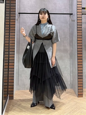 「PLACE STUDIO（プレイススタジオ）のPLACE STUDIO／デイリーサテンブラレット（その他トップス、ブラック系）」を使った、myuさん（レディース・158cm）の春コーディネート