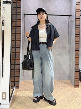 「PAGEBOY（ページボーイ）のモードバックルベルト3（ベルト、ブラック系）」を使った、myuさん（レディース・158cm）の夏コーディネート