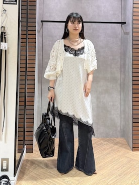 「PAGEBOY（ページボーイ）のレース×ドットキャミワンピース（チュニック、ホワイト系）」を使った、myuさん（レディース・158cm）の夏コーディネート