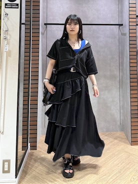 「PAGEBOY（ページボーイ）のハイショクステッチフリルスカート（スカート、ブラック系）」を使った、myuさん（レディース・158cm）の夏コーディネート
