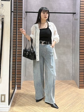 「PAGEBOY（ページボーイ）のレースジャガードシアーシャツ（シャツ/ブラウス、ホワイト系）」を使った、myuさん（レディース・158cm）の夏コーディネート