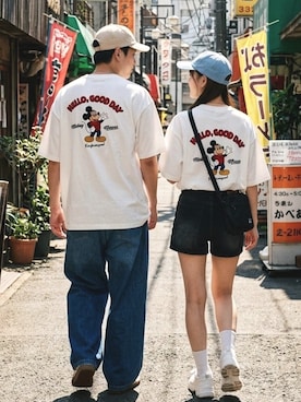 「Disney（ディズニー）のDisney（ディズニー）ミッキーマウス バックプリント＆サガラ刺繍 ビッグシルエットTシャツ/ユニセックス（Tシャツ/カットソー、ホワイト系）」を使った、Salong hameu【Official】さん（レディース・160cm）の夏コーディネート