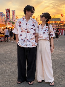 「Salong hameu（サロン ハミュー）の選べる21色展開 レーヨン アロハシャツ/半袖オープンカラー/総柄/ビッグシルエット（シャツ/ブラウス、ホワイト系）」を使った、Salong hameu【Official】さん（レディース・160cm）の夏コーディネート