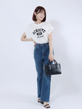 「Salong hameu（サロン ハミュー）のUVカット 接触冷感 袖フリル フロントプリントTシャツ/フレンチスリーブ カットソー（Tシャツ/カットソー、ホワイト系）」を使った、Salong hameu【Official】さん（メンズ・175cm）の夏コーディネート