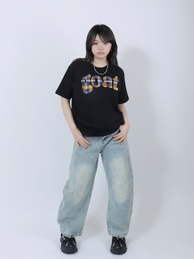 「Salong hameu（サロン ハミュー）の別注 パッチワークデザインTシャツ/カレッジロゴ/リンガーT/ユニセックス/ドット チェック ボーダー（Tシャツ/カットソー、ブラック系）」を使った、Salong hameu【Official】さん（レディース・165cm）の春コーディネート