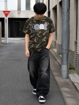「Salong hameu（サロン ハミュー）の別注 リメイク風チェックアップリケロゴTシャツ/韓国ストリート/Y2K/古着ライク/オーバーサイズ/ユニセックス（Tシャツ/カットソー、その他）」を使った、Salong hameu【Official】さん（メンズ・175cm）の夏コーディネート