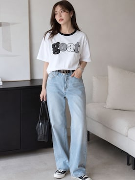「Salong hameu（サロン ハミュー）の別注 チェックロゴ・マルチパターンアップリケ 半袖Tシャツ/レディース メンズ ユニセックス（Tシャツ/カットソー、ホワイト系）」を使った、Salong hameu【Official】さん（メンズ・175cm）の夏コーディネート