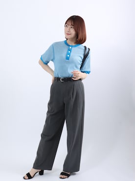 「Healthknit（ヘルスニット）のHealthknit（ヘルスニット）ヘンリーネック ワッフル半袖Tシャツ/ユニセックス/無地・ボーダーリンガーT/1P/パックT（Tシャツ/カットソー、ブルー系）」を使った、Salong hameu【Official】さん（レディース・165cm）の春コーディネート