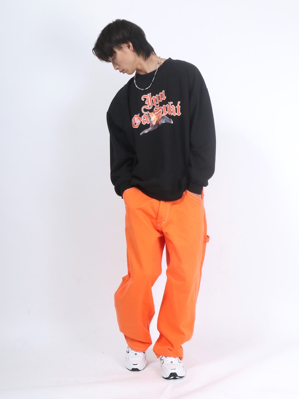 WATARU TOMINAGA 煎ら ペンギン柄オレンジチェックワイドパンツ