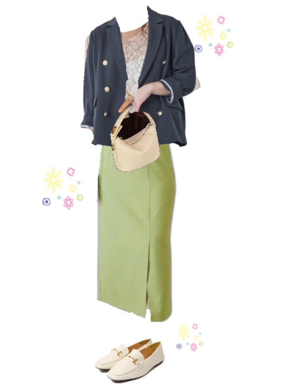 ホワイト系のローファー、グリーン系のスカート、グレー系のテーラードジャケットを着用したレディースの夏コーディネートの1枚目の写真